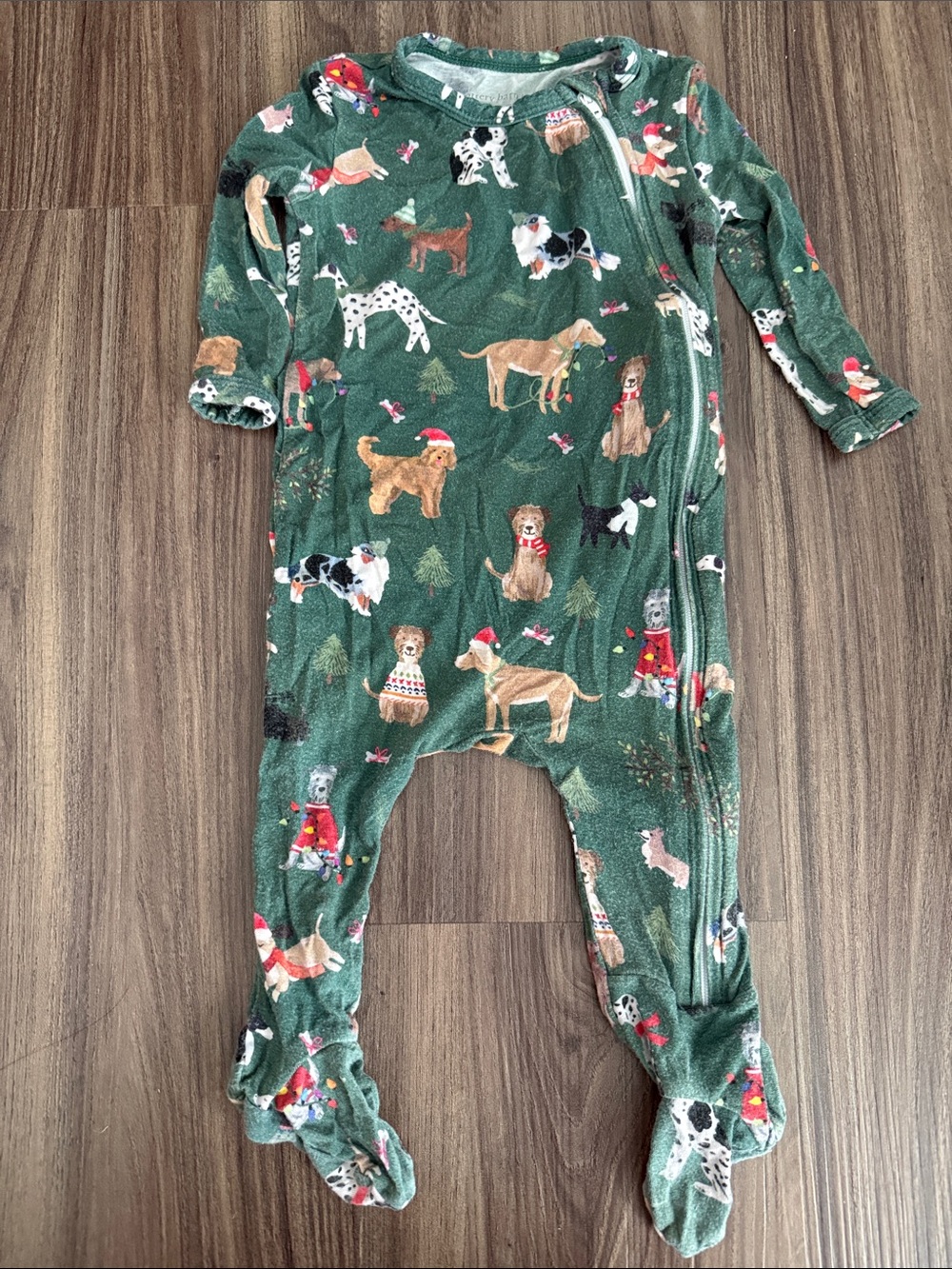 3-6 month Pottery Barn Bamboo Green Christmas Dog Print One-Piece Footed Pajamas